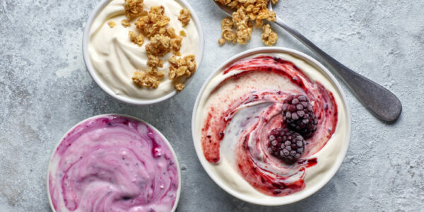 bowls of various greek yogurt